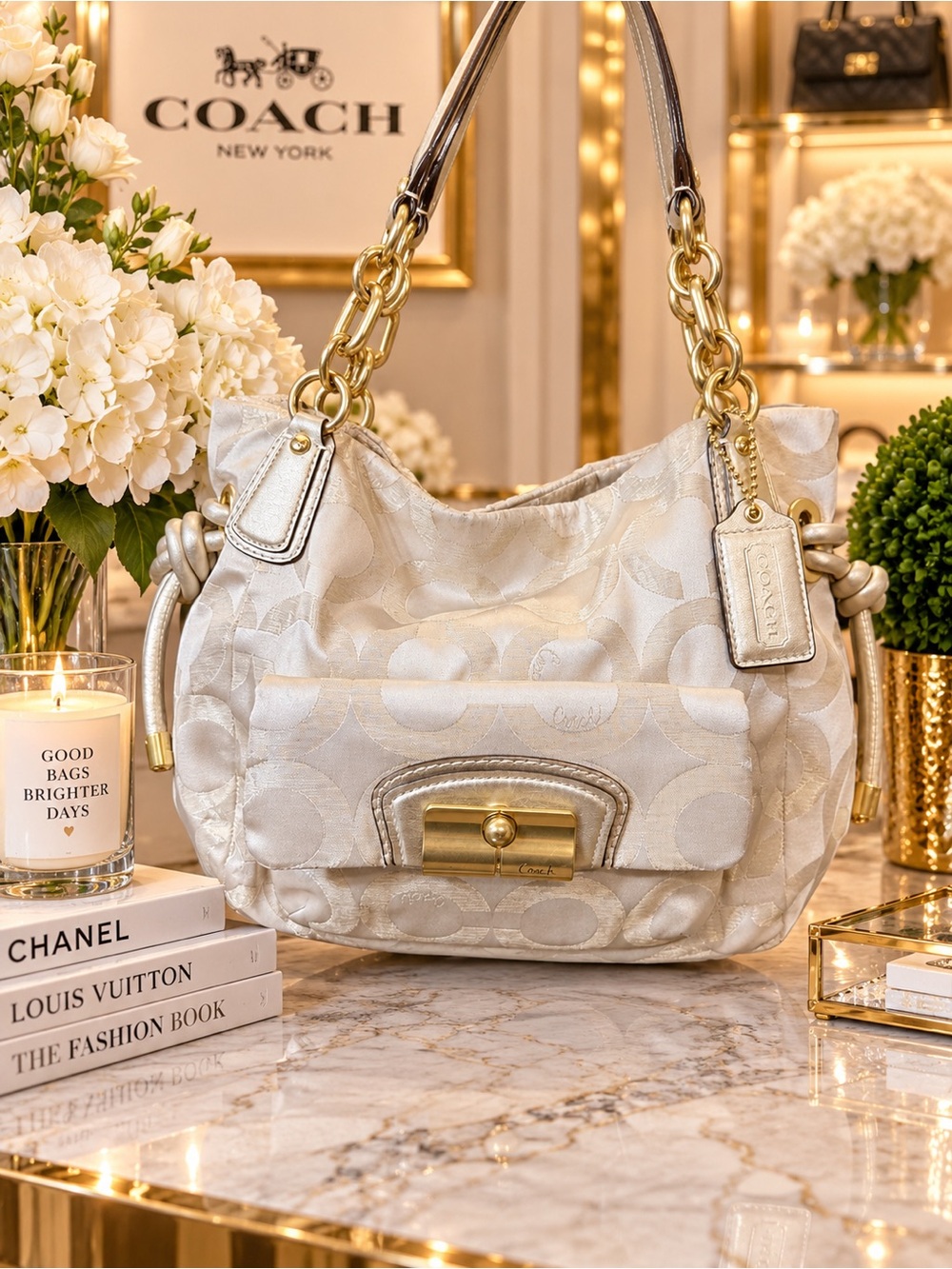 Coach Light Champagne Jacquard Hobo Bag with Gold Hardware
